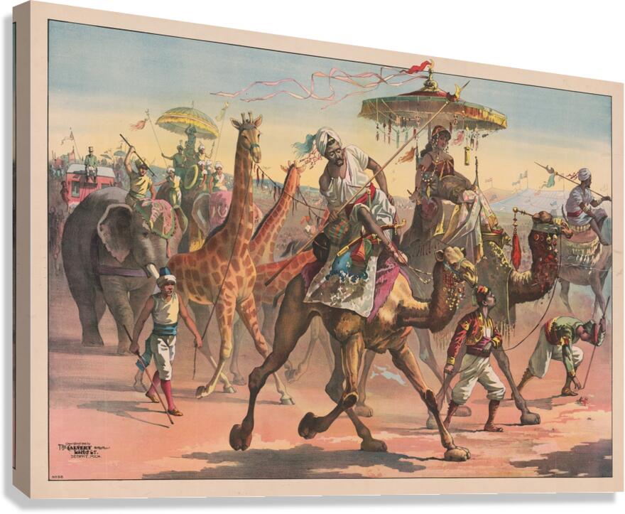 Circus troupe with people in exotic dress riding camels. Giraffes. Elephants [1890] by Calvert Litho. Co [1863–] Canvas Print