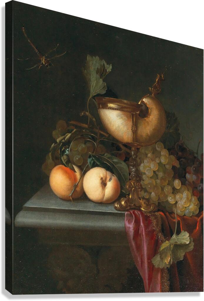 Still life with a Nautilus cup. Grapes and peaches by Abraham de Lust [active c. 1650–after 1659] Canvas Print