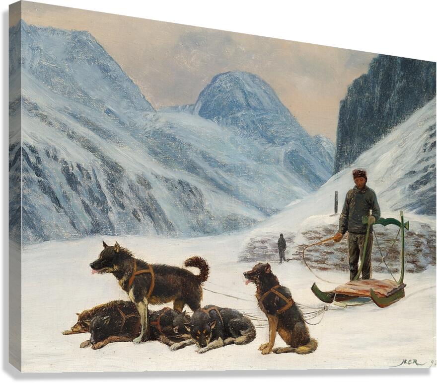 En grønlænder holder hvil ved sin hundeslæde [1893] by Carl Rasmussen [1841–1893] Canvas Print