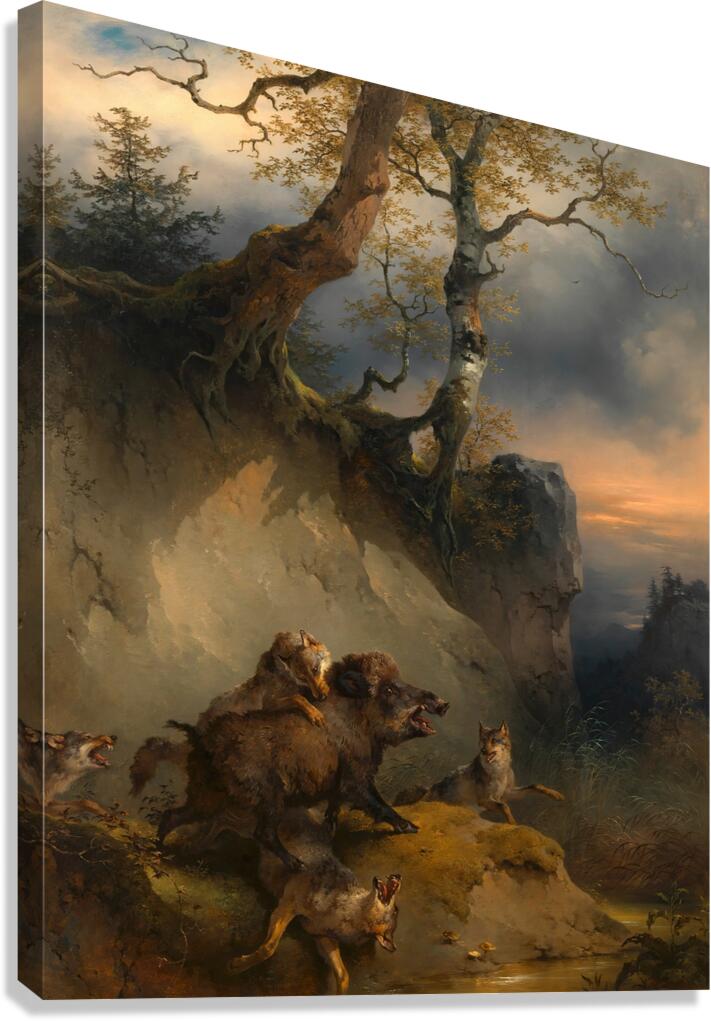 Ein von Wölfen angefallener Eber [around 1846] by Friedrich August Matthias Gauermann [1807–1862] Canvas Print