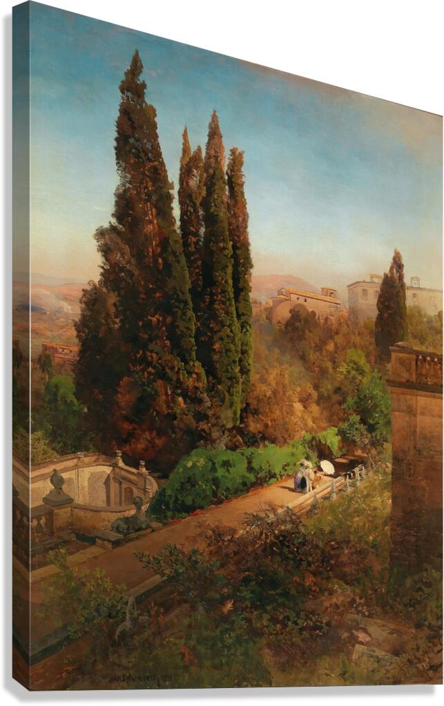 A view of the garden of Villa d’Este in Tivoli. Near Rome by Oswald Achenbach [1827–1905] Canvas Print