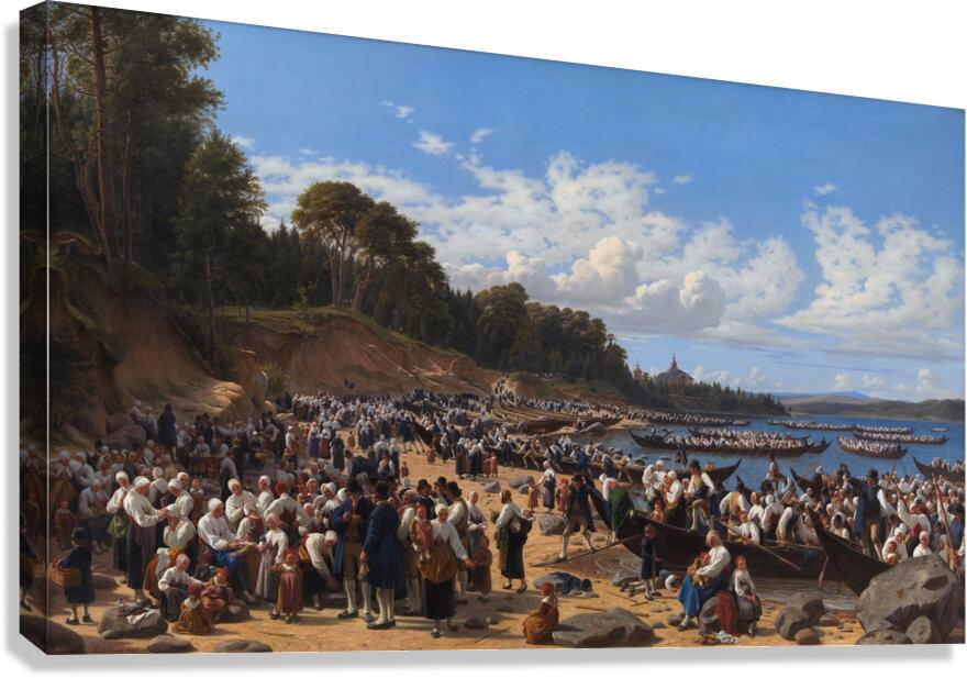 Church–Goers Arriving By Boat At The Parish Church Of Leksand On Siljan Lake. Sweden [1853] by Wilhelm Marstrand [1810–1873] Canvas Print