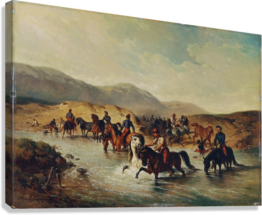 Französische Kavallerie in der Pferdeschwemme [1867] by Joseph Anton Strassgschwandtner [1826–1881] Canvas Print