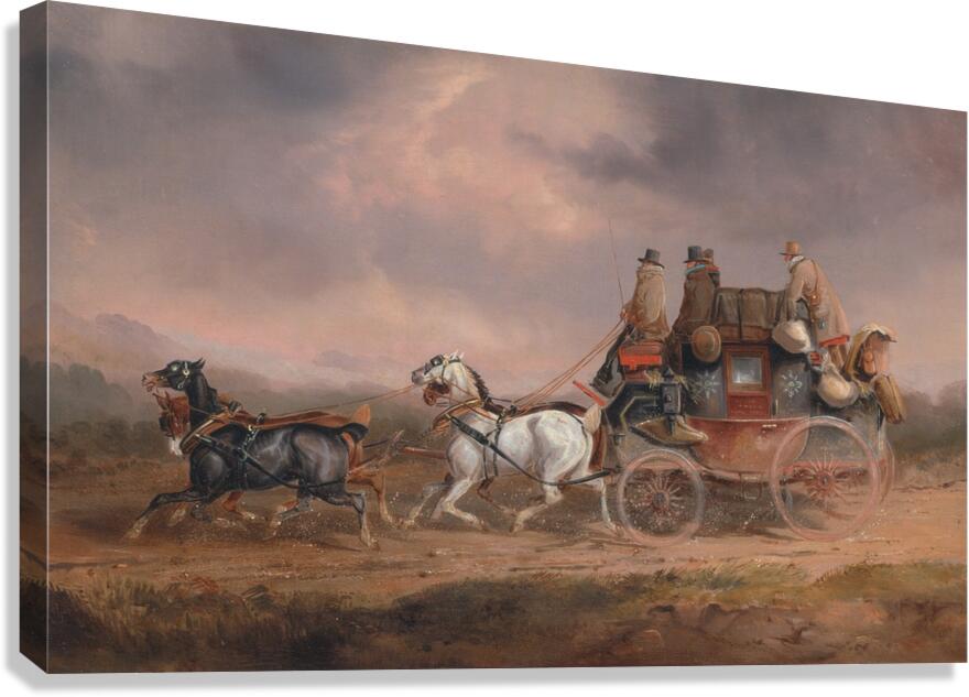 Mail Coaches on the Road– the Louth–London Royal Mail progressing at Speed by Charles Cooper Henderson [1803–1877] Canvas Print