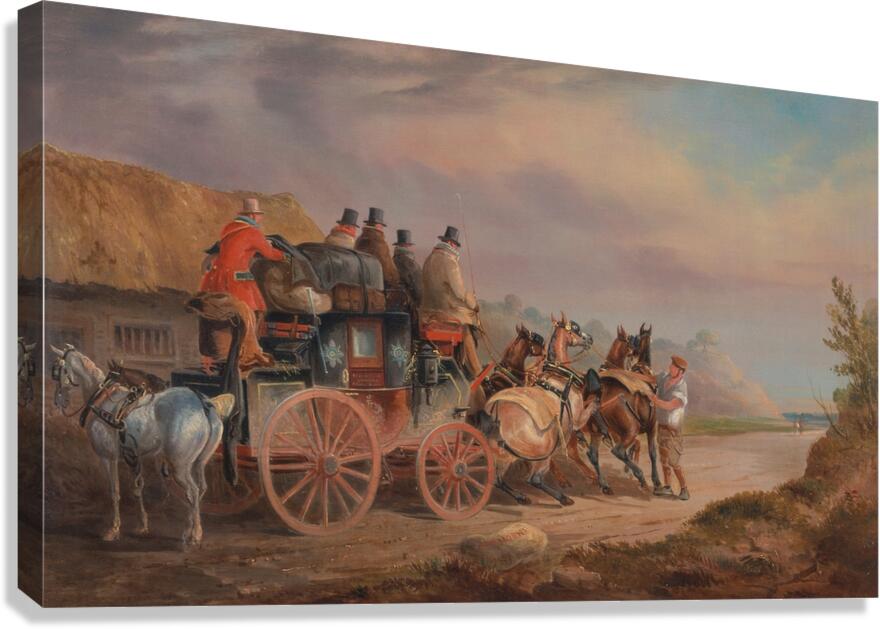 Mail Coaches on the Road– the Quicksilver’ Devonport–London Royal Mail about to Start with a new Te… by Charles Cooper Henderson [1803–1877] Canvas Print