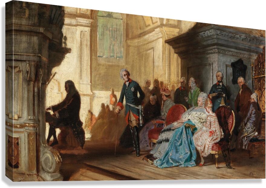 Johann Sebastian Bach at the Organ in Sanssouci in the Presence of Frederick the Great and the Royal Family on 7 May 1747 by Hermann von Kaulbach [1846–1909] Canvas Print