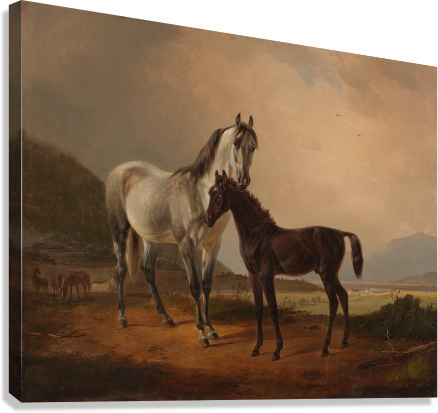 Stute mit Fohlen vor weiter Hügellandschaft [1845] by Friedrich Voltz [1817–1886] Canvas Print