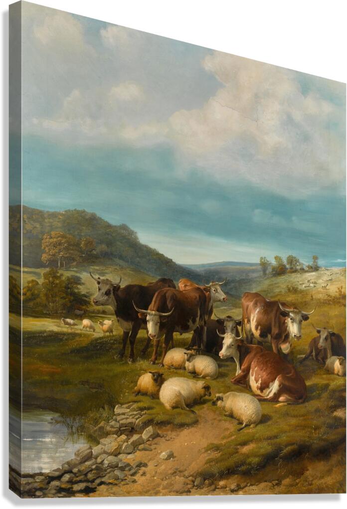 Cattle and Sheep at a Watering Place by Thomas Sidney Cooper [1803–1902] Canvas Print