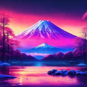 synthwave style snowy fuji yama future