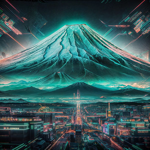 a futuristic synthwave inspired scene atop mount