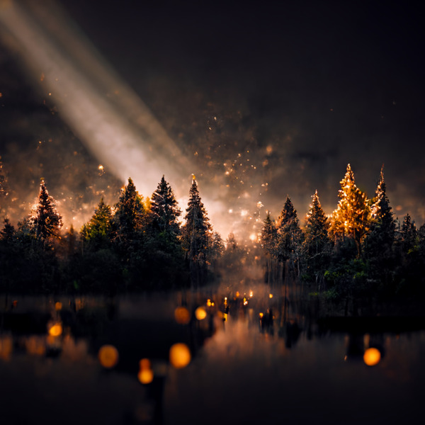 River Pine Trees At Night Print