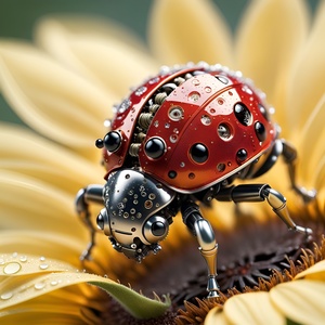 A Ladybug Robot Perched on A Sunflower