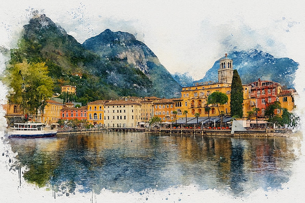 Lake Garda Lago di Garda - Watercolor Splash Painting by Mankdhani