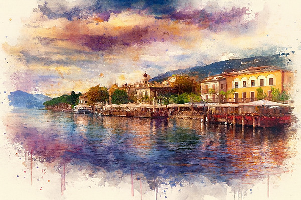 Lake Garda Lago di Garda - Watercolor Splash Painting by Mankdhani