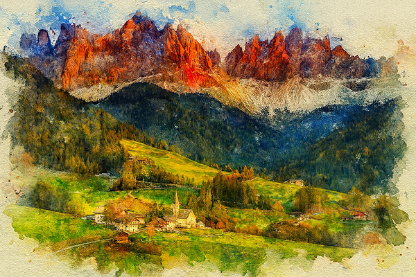 The Alps Alpine Mountains - Watercolor Splash Painting by Mankdhani