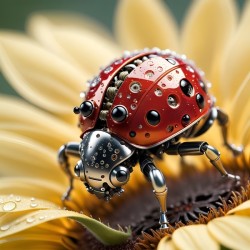 A Ladybug Robot Perched on A Sunflower