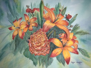 Day Lilies and Cabbage Rose