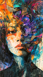 Abstract Womans Portrait Merged with Vibrant motifs