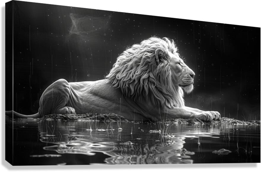 Majestic repose a lion in monochrome reflection Canvas Print