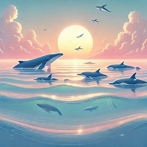 Majestic Whales and Dolphins in a Serene Ocean
