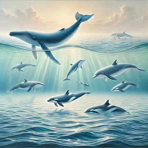 A serene ocean scene featuring whales and dolphin