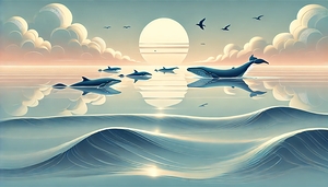 A serene ocean scene featuring whales and dolphin