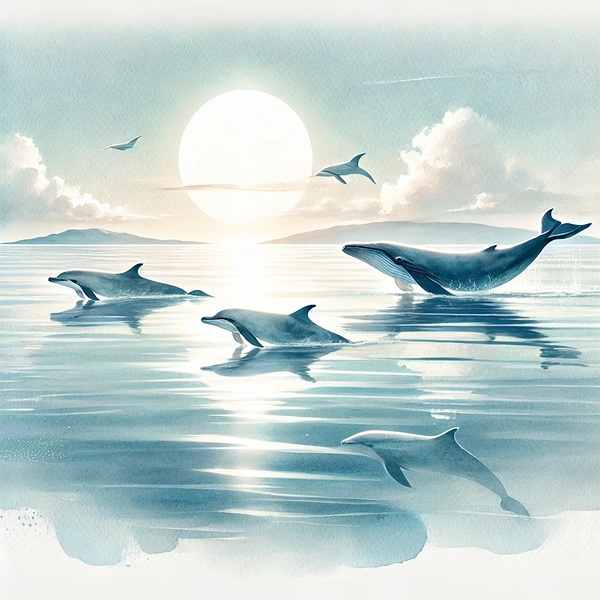 Majestic Whales and Dolphins in a Serene Ocean Print