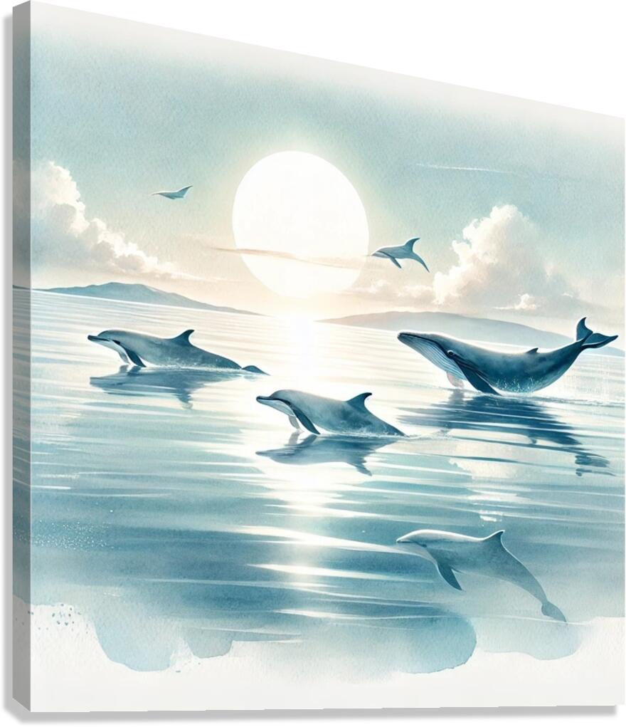 Majestic Whales and Dolphins in a Serene Ocean Canvas Print