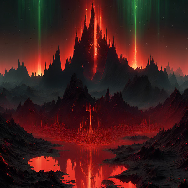 A dark and ominous landscape with towering jagged mountains made of binary code their peaks disappearing into an inky black sky by Zerfall