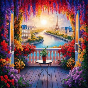 A charming and vibrant painting that captures a stunning view of a picturesque balcony overlooking a tranquil river.