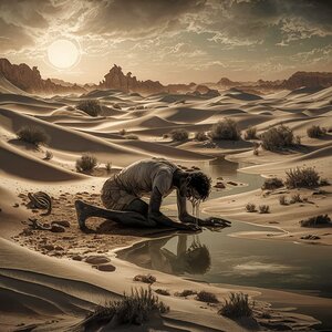 A stunningly realistic and intricately detailed pen-and-ink illustration of a sun-drenched desert landscape.