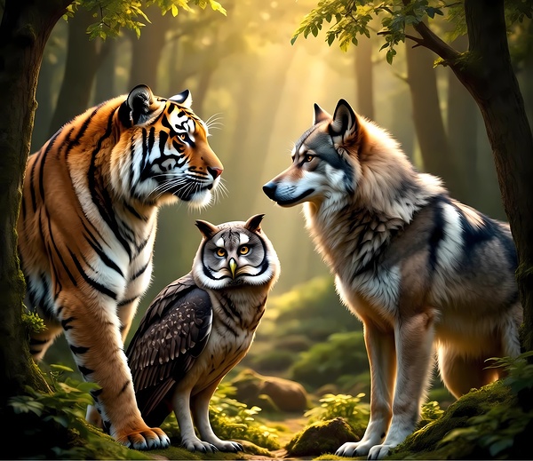 Tiger Owl Wolf Forest Canvas Wall Art – Wildlife Animal Nature Decor for Living Room by El moustapha