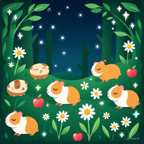 Cute Guinea Pig Wall Art – Kawaii Animal Nursery Decor Magical Night Garden Canvas by El moustapha