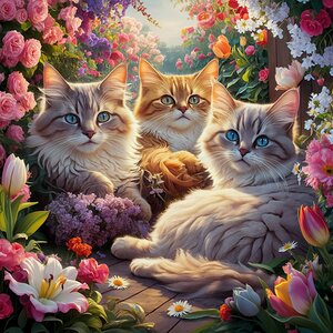 Garden of Gaze: Cats with Magnificent Eyes Amid Blossoming Splendor