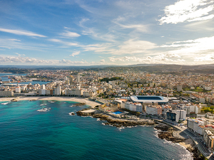 A Coruna city aerial perspective. Old historic center of the city. 