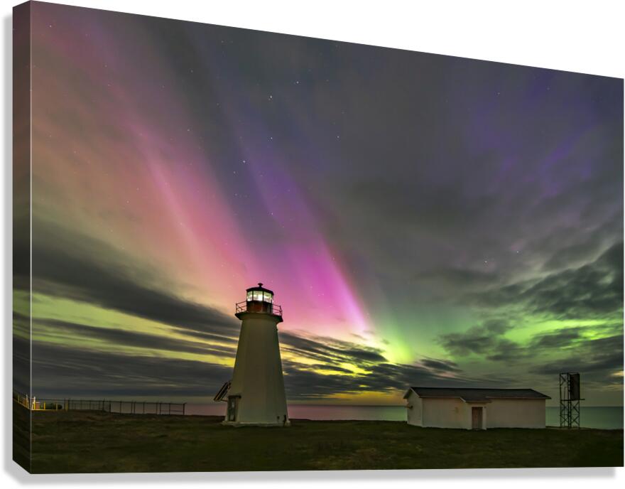 Northern_Lights_on_Cheticamp-Island_at_Enragee_Point_Lighthouse. Canvas Print