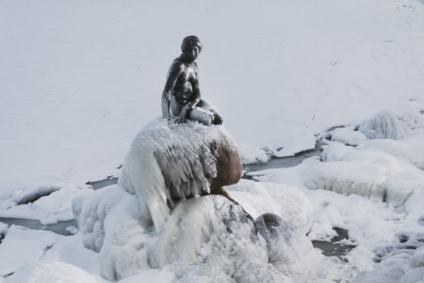 Frozen canal near statue of The Little Mermaid  Print