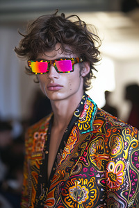 A cool MAN 90s model wearing rectangular glasse e