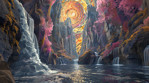 A surreal dreamscape where towering cliffs and  e