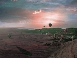 Air balloons in valley at sunset   Surreal Art by Ahmet Asar