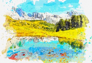 Alpine Lake 99  watercolor  ca 2020 by Ahmet Asar