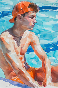 a very handsome young swimming athlete sitting  4