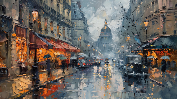 A captivating depiction of a bustling Parisian  d Print