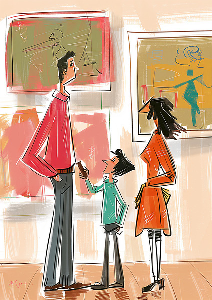 a family is visiting art museum in style of All c Print