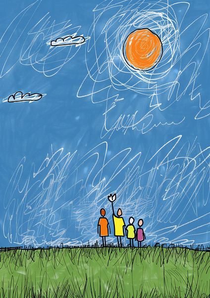 a happy family of four look at sky by Allie Bro f Print