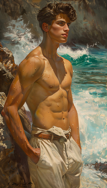 adolescent latino boy at the beach waves in the d Print