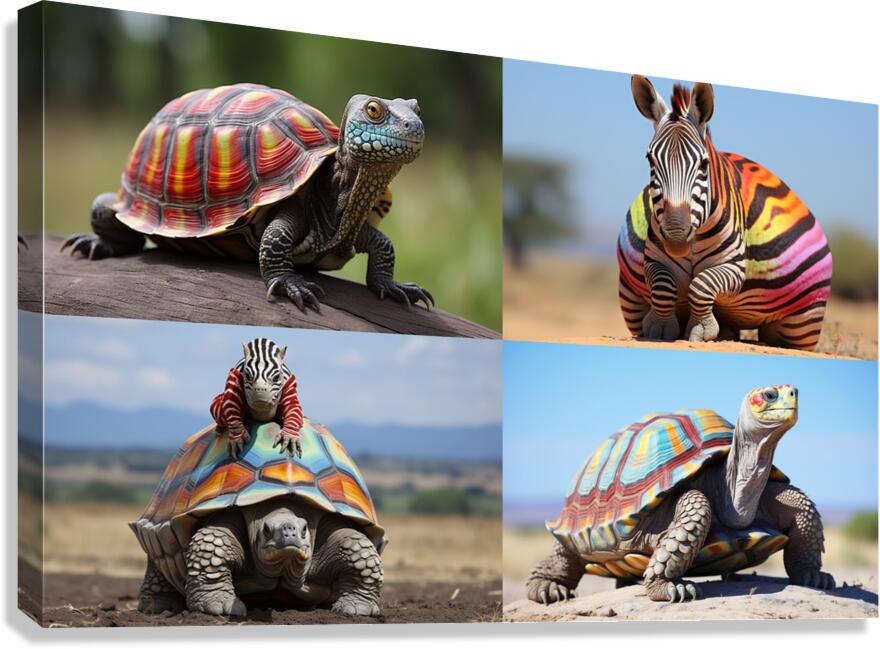 A colorful tortoise sitting on a zebra in Afric 1 Canvas Print