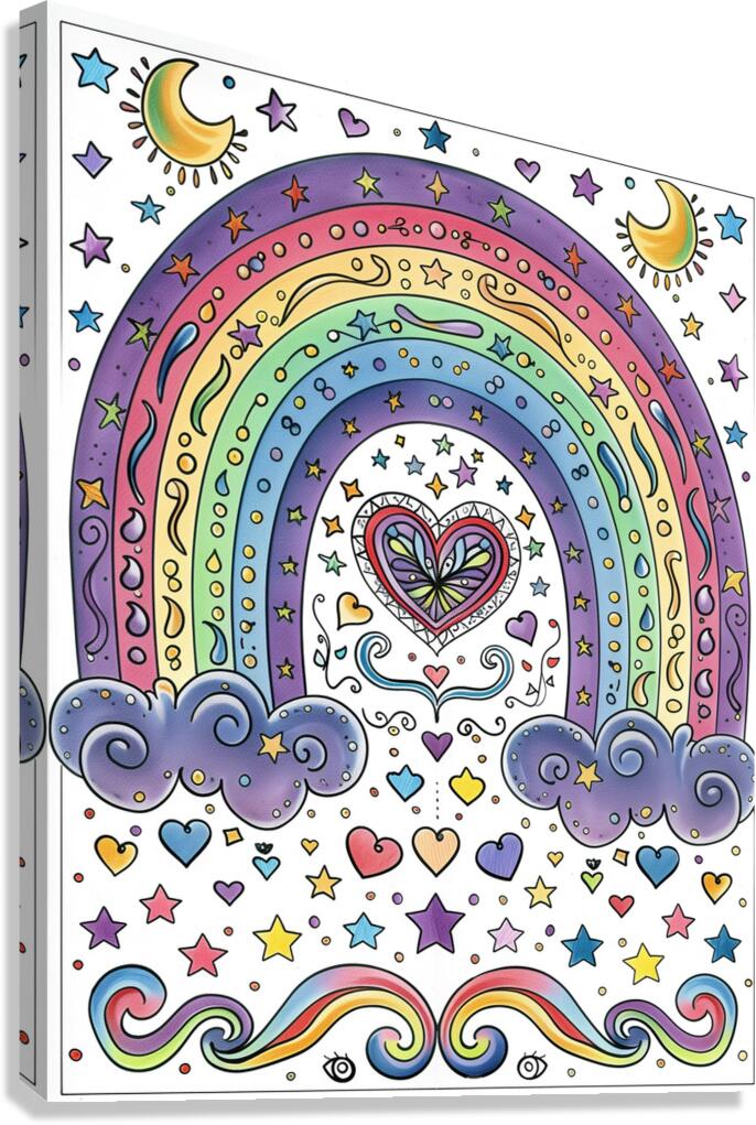 A coloring book page featuring a rainbow each w 3 Canvas Print