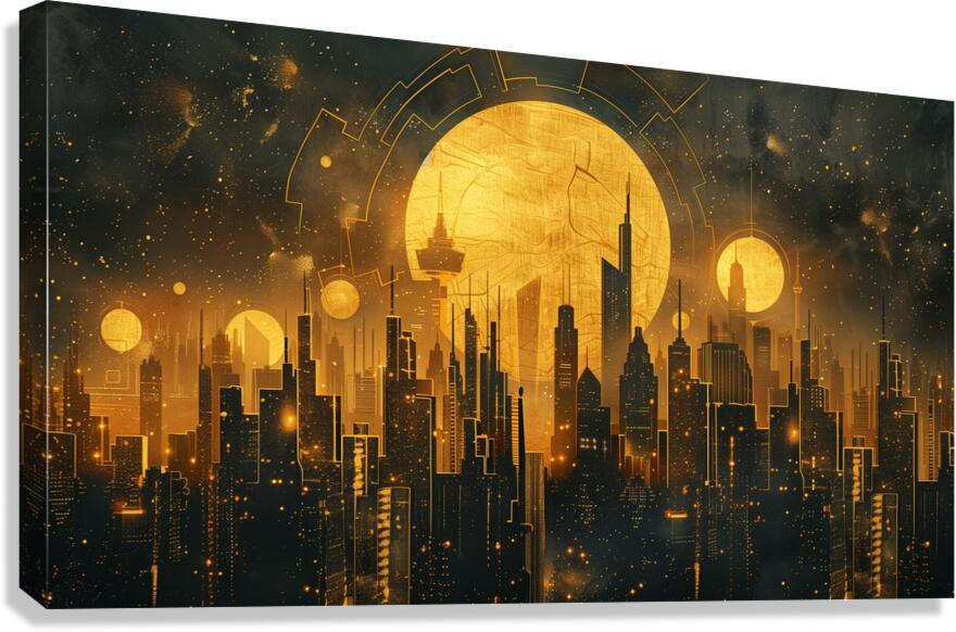 A celestial cityscape where skyscrapers and lan f Canvas Print