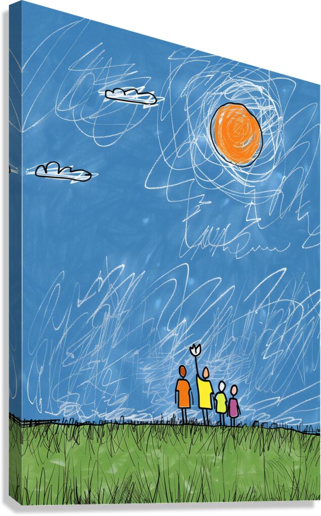 a happy family of four look at sky by Allie Bro f Canvas Print